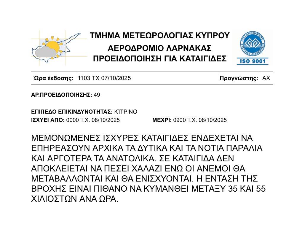 Με κίτρινη προειδοποίηση έρχεται η «Barbara» στην Κύπρο-Θα τεθεί σε ισχύ τα μεσάνυχτα