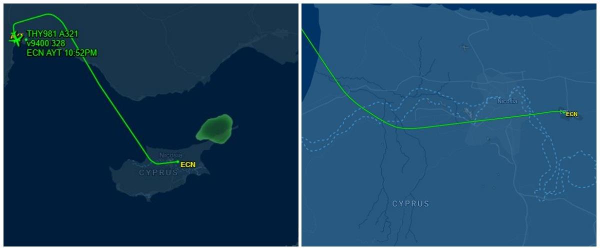 Αεροσκάφος της Turkish Airlines πέταξε πάνω από Στρόβολο και Αγλαντζιά και προσγειώθηκε στο κατεχόμενο αεροδρόμιο της Τύμπου (pics)