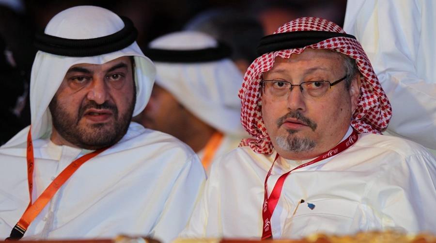 epa03210636 Saudi journalist and former editor-in-chief of the Saudi newspaper Al-Watan Jamal Khashoggi (R) attends the the opening ceremony of 11th edition of Arab Media Forum 2012 in Dubai, United Arab Emirates, 08 May 2012. The regions largest media gathering of Arab Media Forum 2012 is to focus on the latest developments in the Arab media landscape.  EPA/ALI HAIDER