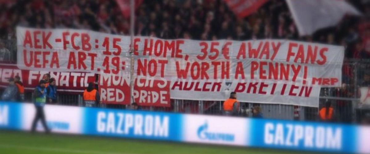 Οι φίλαθλοι της Μπάγερν Μονάχου κατηγορούν την ΑΕΚ για τη δυσαναλογία στις τιμές των εισιτηρίων στο μεταξύ τους παιχνίδι στο ΟΑΚΑ για το Τσάμπιονς Λιγκ
