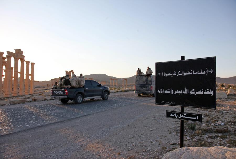 Syrian soldiers inside the historical city of Palmyra