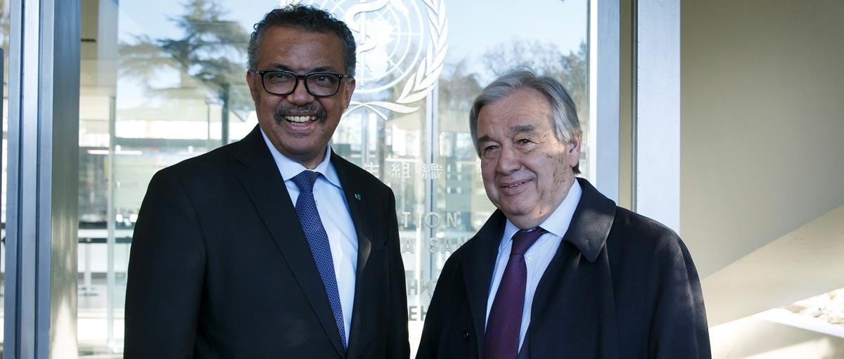Director General of the World Health Organization (WHO), Tedros Adhanom Ghebreyesus welcomes U.N. Secretary General, Antonio Guterres at the World Health Organization headquarters in Geneva