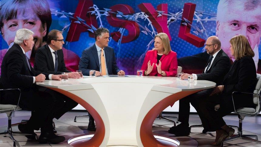 Volker Bouffier, Alexander Dobrindt, Matthias Fornoff, Karin Kneissl, Martin Schulz, Tonia Mastrobuoni