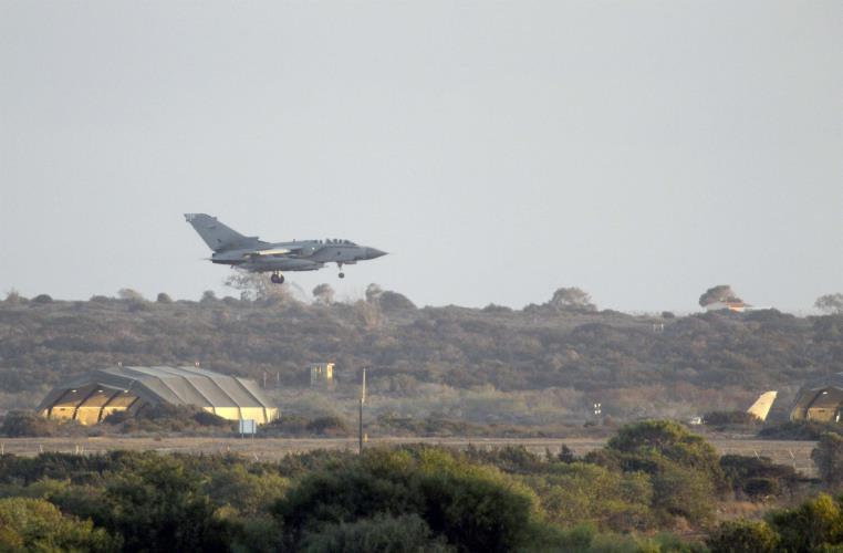 A British Tornado fighter jet lands at the British Royal Air Force's Akrotiri base in Cyprus